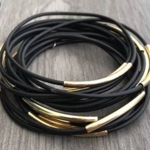 New Black Rubber Gold Bar Bracelet Set